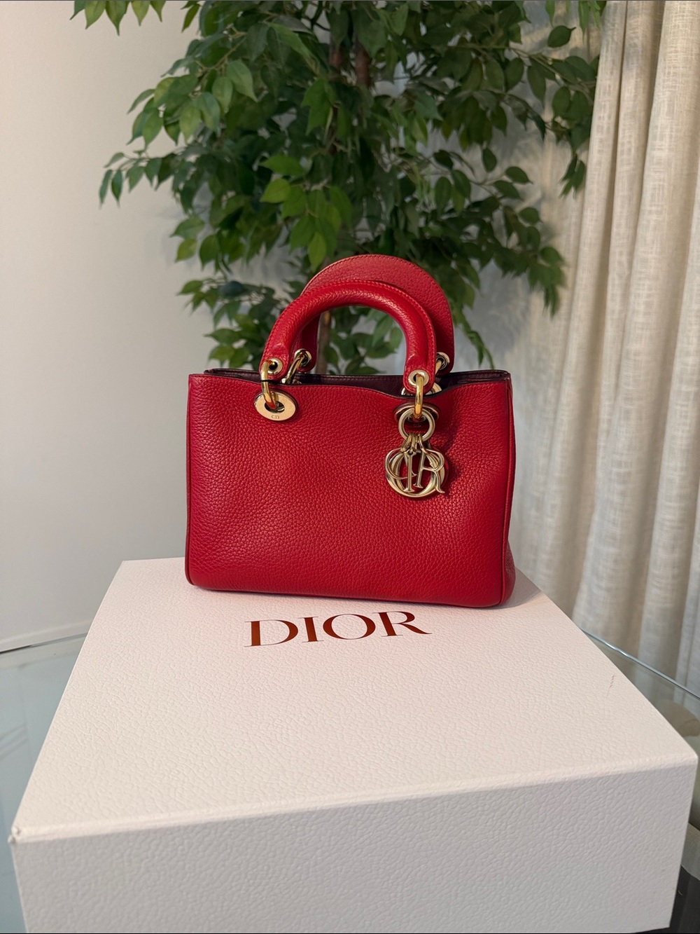 Dior Small Red Pebbled Leather Top-Handle Bag with Gold Charm